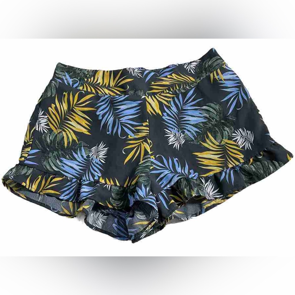 Sadie & Sage Shorts Tropical Leaf Print Ruffle Womens L High-Waist Pull On Beach
